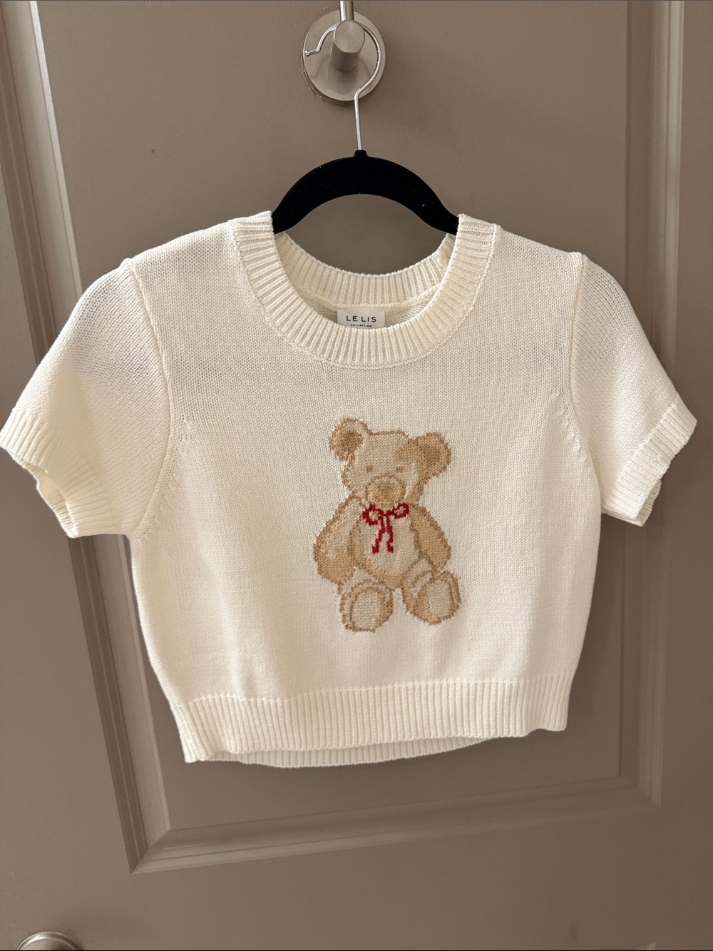 Le Lis Cream Knit crop top with Teddy Bear Accent